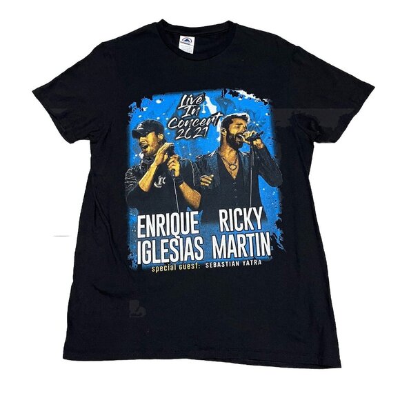 Enrique Iglesias Ricky Martin Black 2021 Concert Tour Double Sided Shirt Medium - Picture 1 of 5
